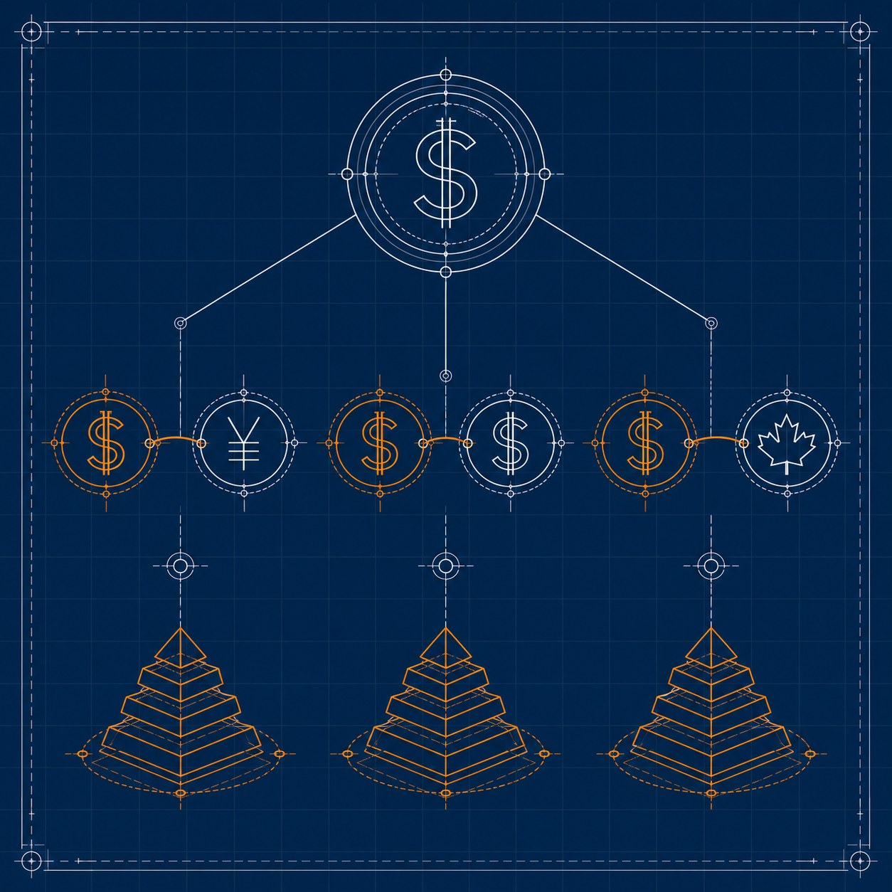 豪ドル系3通貨 (AUDJPY/AUDUSD/AUDCAD) を分散運用してナンピン構造を組む設計の製図風イラスト