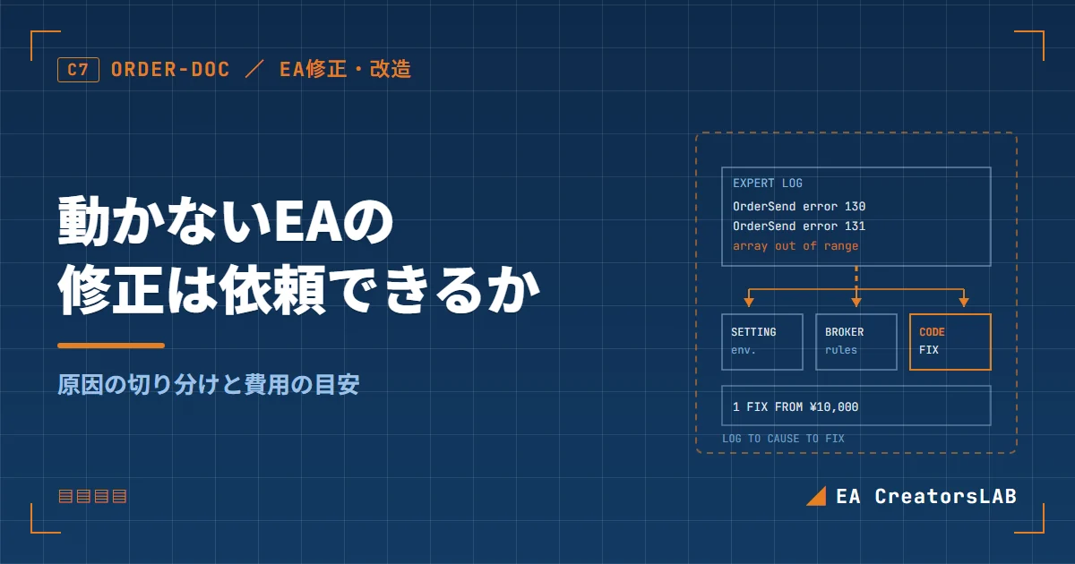 動かないEAのログから原因を切り分けて修正を依頼する流れを示した製図風のアイキャッチ